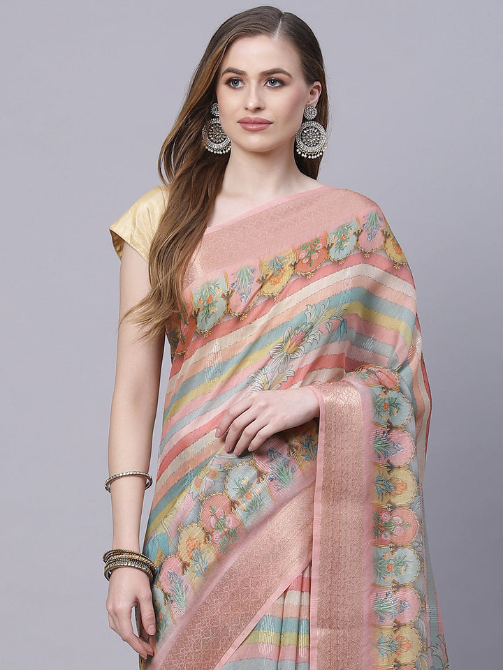 Floral Printed Cotton Chanderi Saree