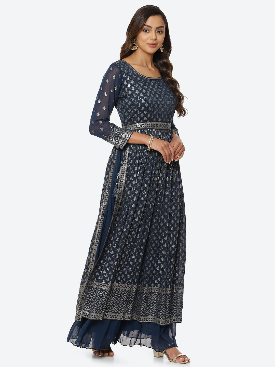Resham Sequin Booti Georgette Kurta With Palazzo &amp; Dupatta