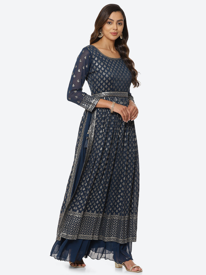Resham Sequin Booti Georgette Kurta With Palazzo &amp; Dupatta