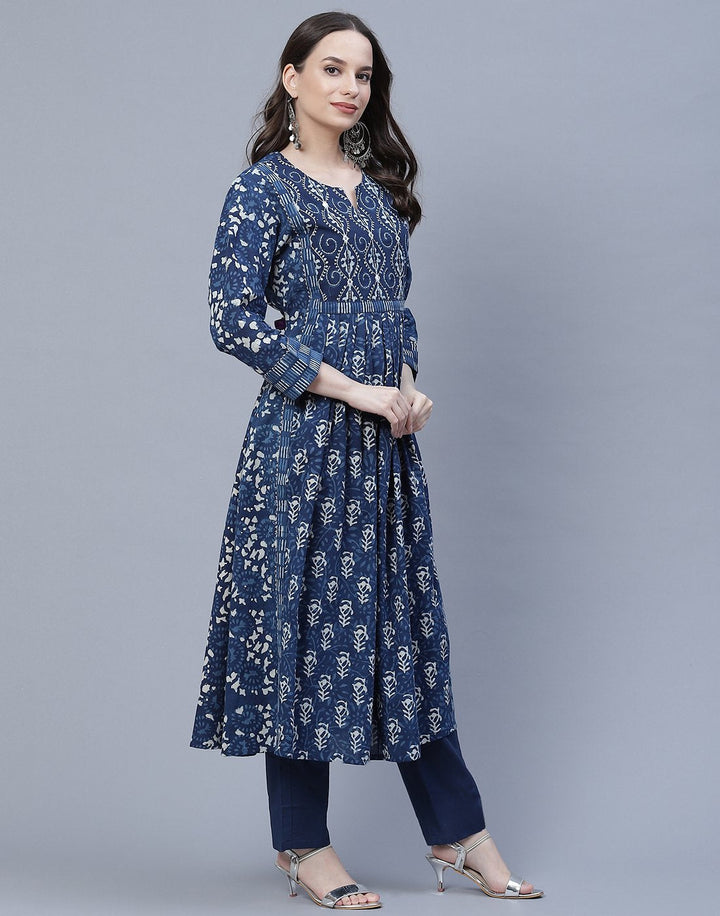 Indigo Cotton Printed A-Line Kurti