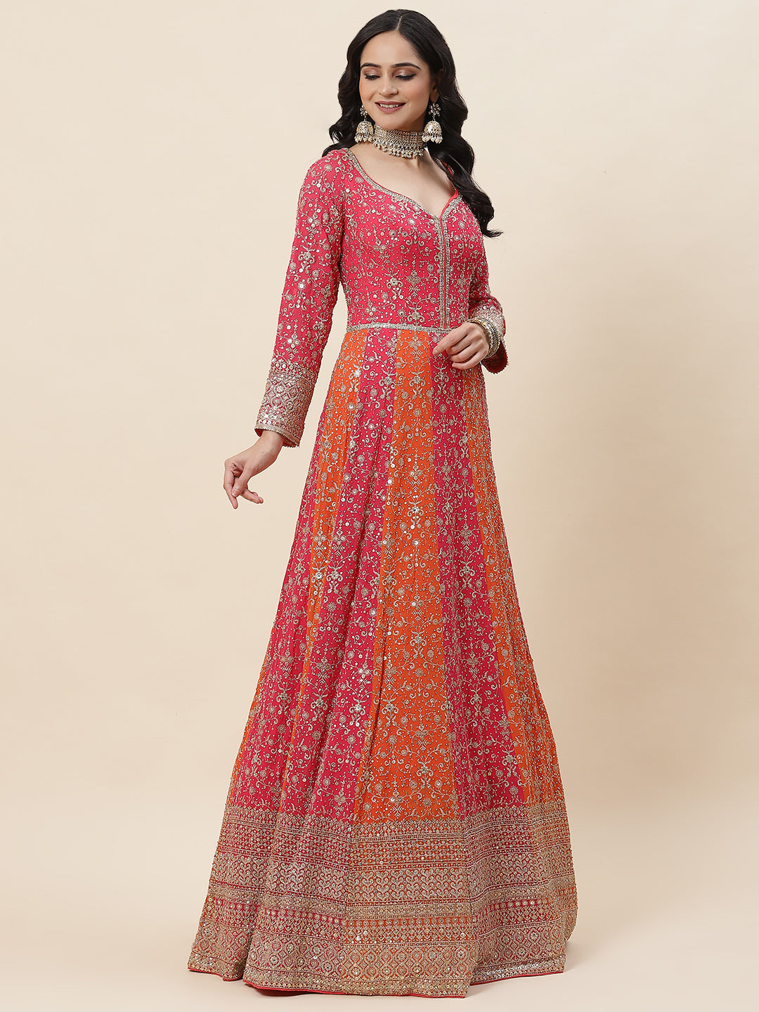 Sequin Embroidered Georgette Kurta With Pants &amp; Dupatta - meena bazaar