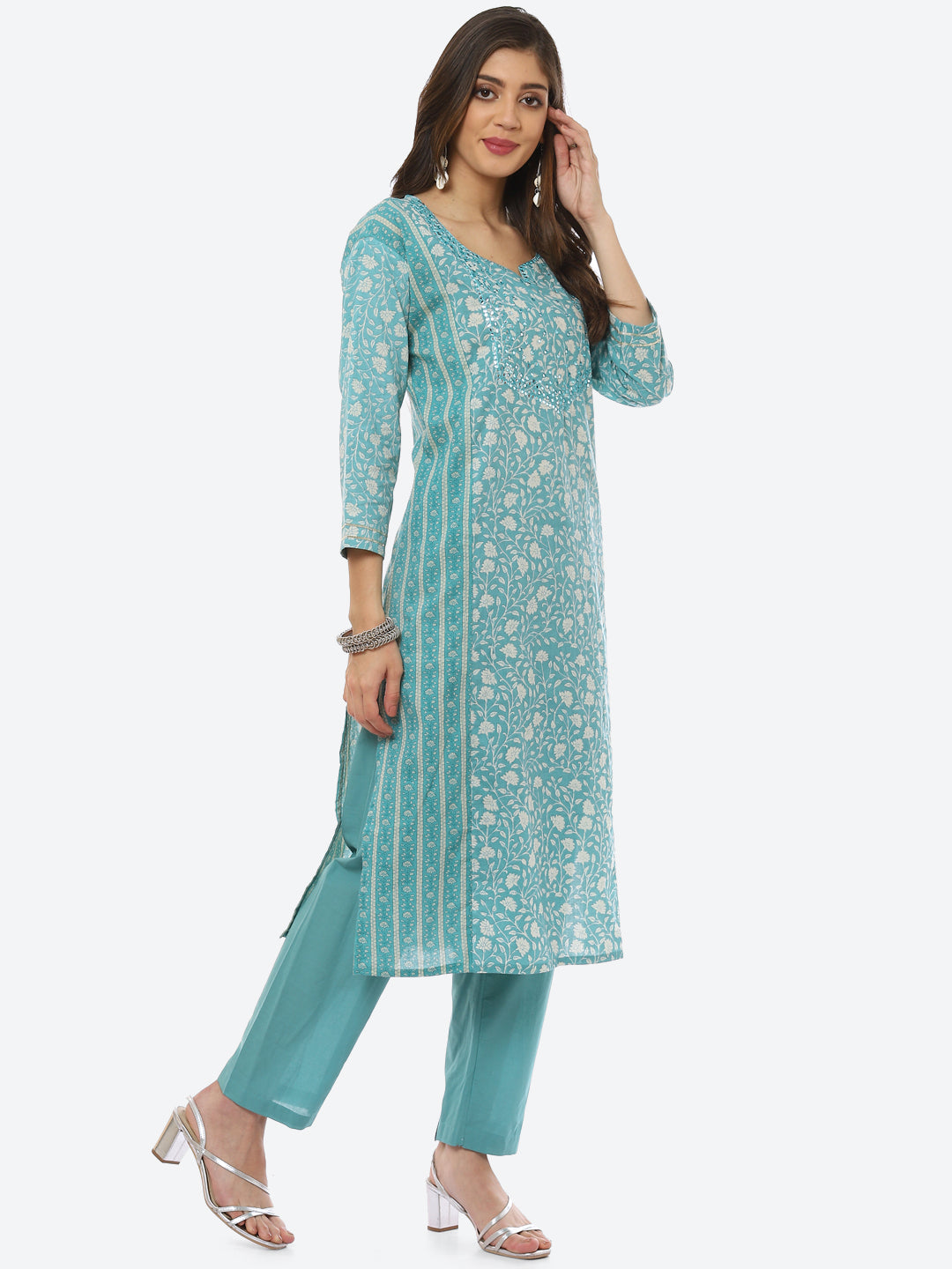 Mirror Work Printed Cotton Kurta With Pant