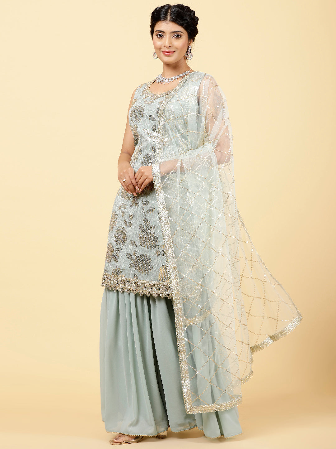 Sequin Georgette Kurta With Garara &amp; Dupatta