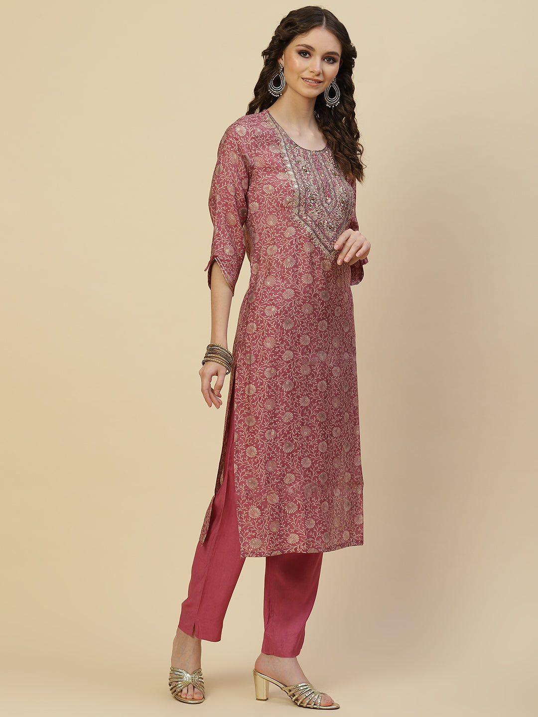 Floral Printed Cotton Kurta With Pants &amp; Dupatta