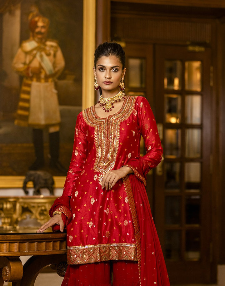 Embroidered Cotton Chanderi Salwar Kameez Stitched Suit With Chiffon Dupatta