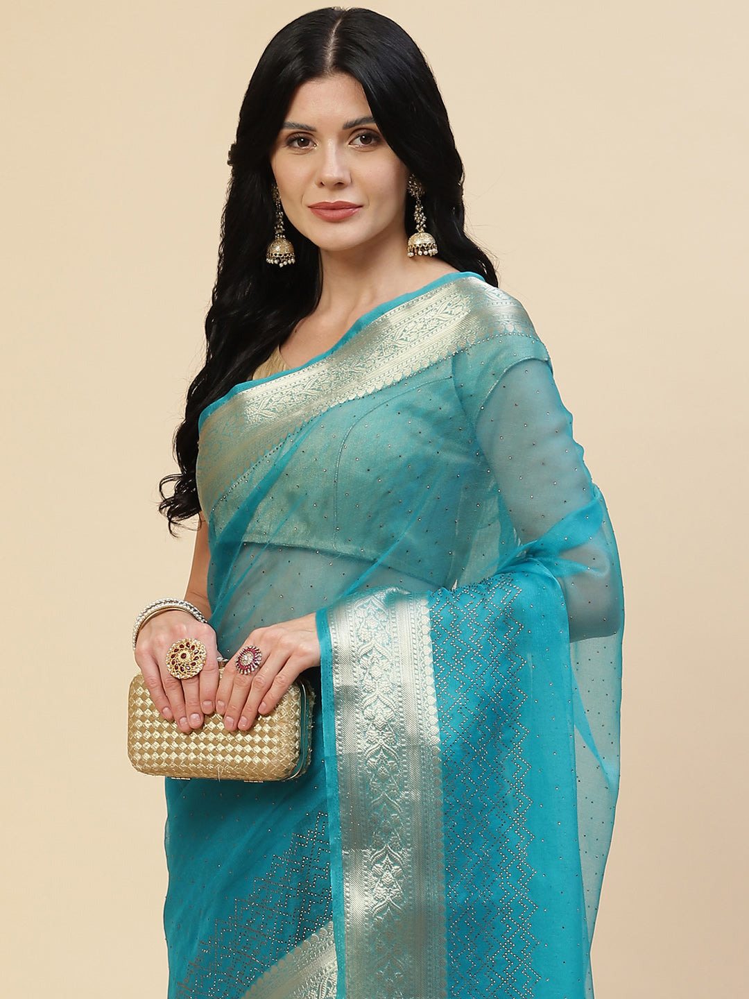 Stone Work Plain Organza Saree