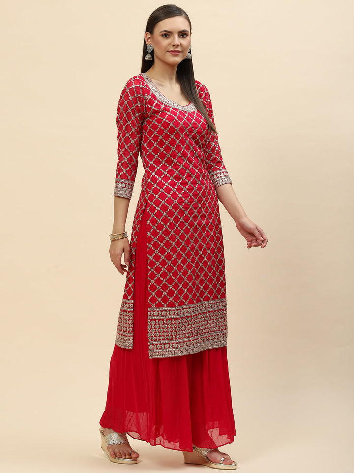 Zari Jaal Georgette Kurta With Palazzo &amp; Dupatta