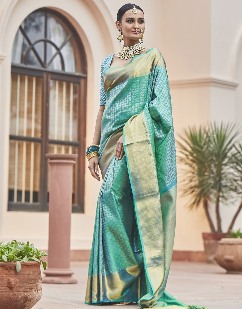 MBZ Meena Bazaar-Lake Blue Kanjivaram Saree