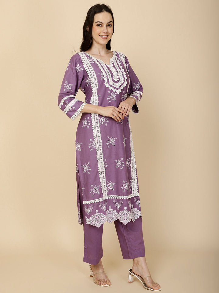 Embroidered Cotton Suit Set With Dupatta