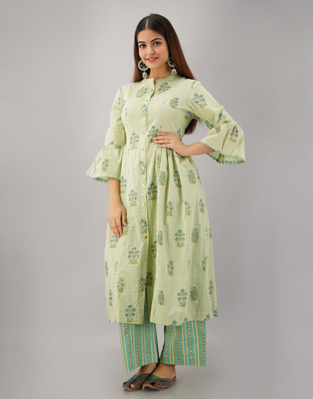 Printed Cotton Anarkali Kurti With Bell Sleeves And Pant