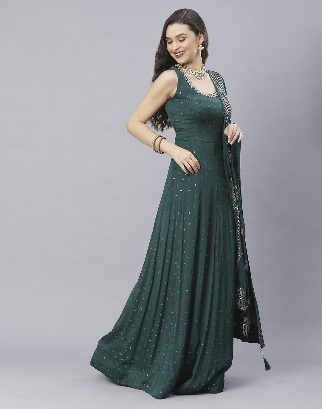 Wine and Bottle Green Art Crepe Salwar Kameez