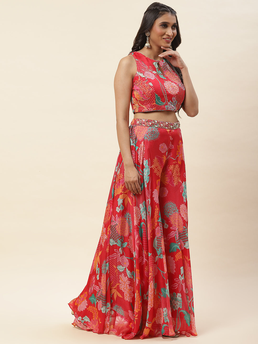 Floral Printed Crepe Crop Top With Palazzo & Dupatta