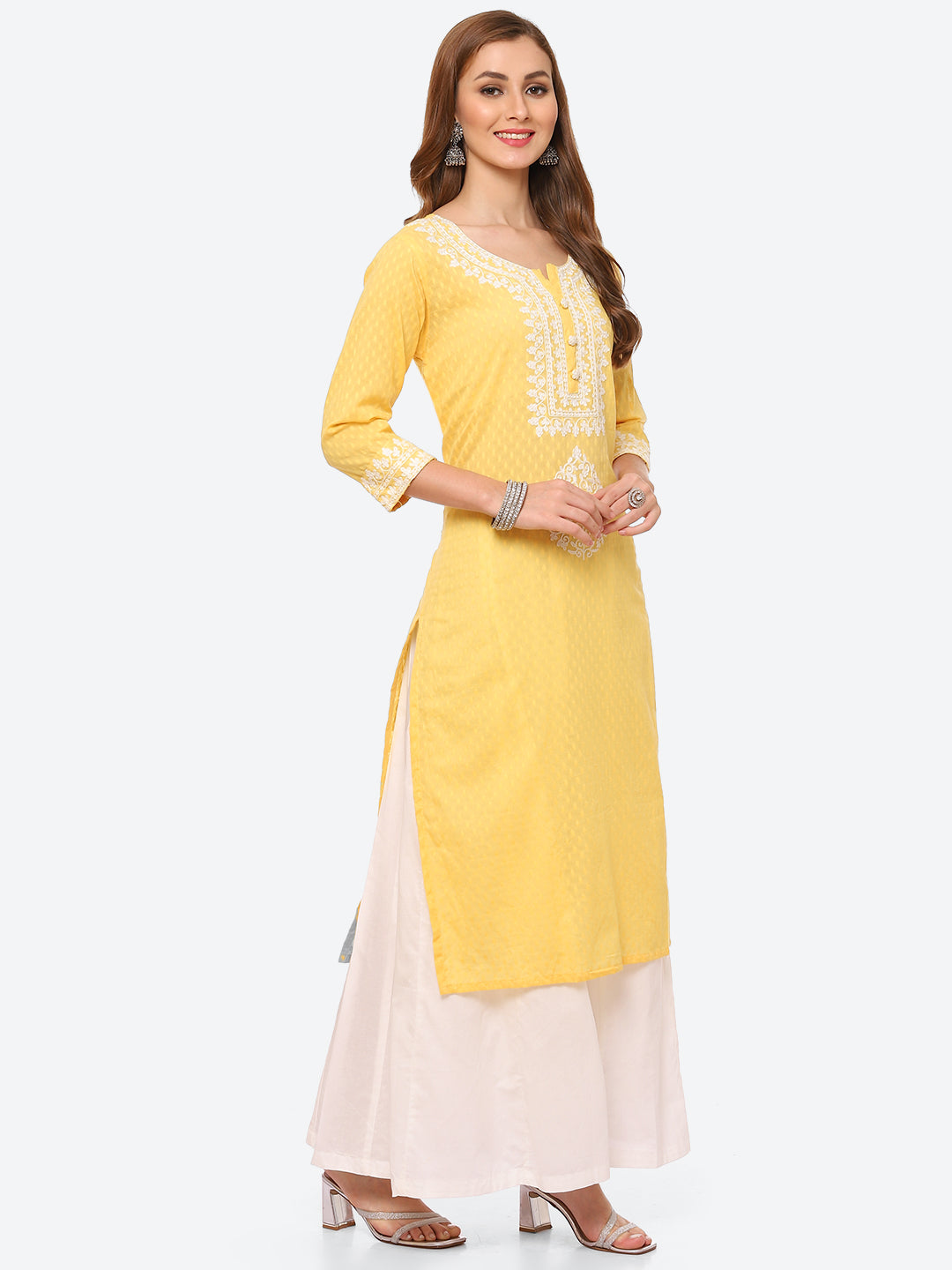 Resham Neck Embroidered Cotton Kurta With Sharara &amp; Dupatta