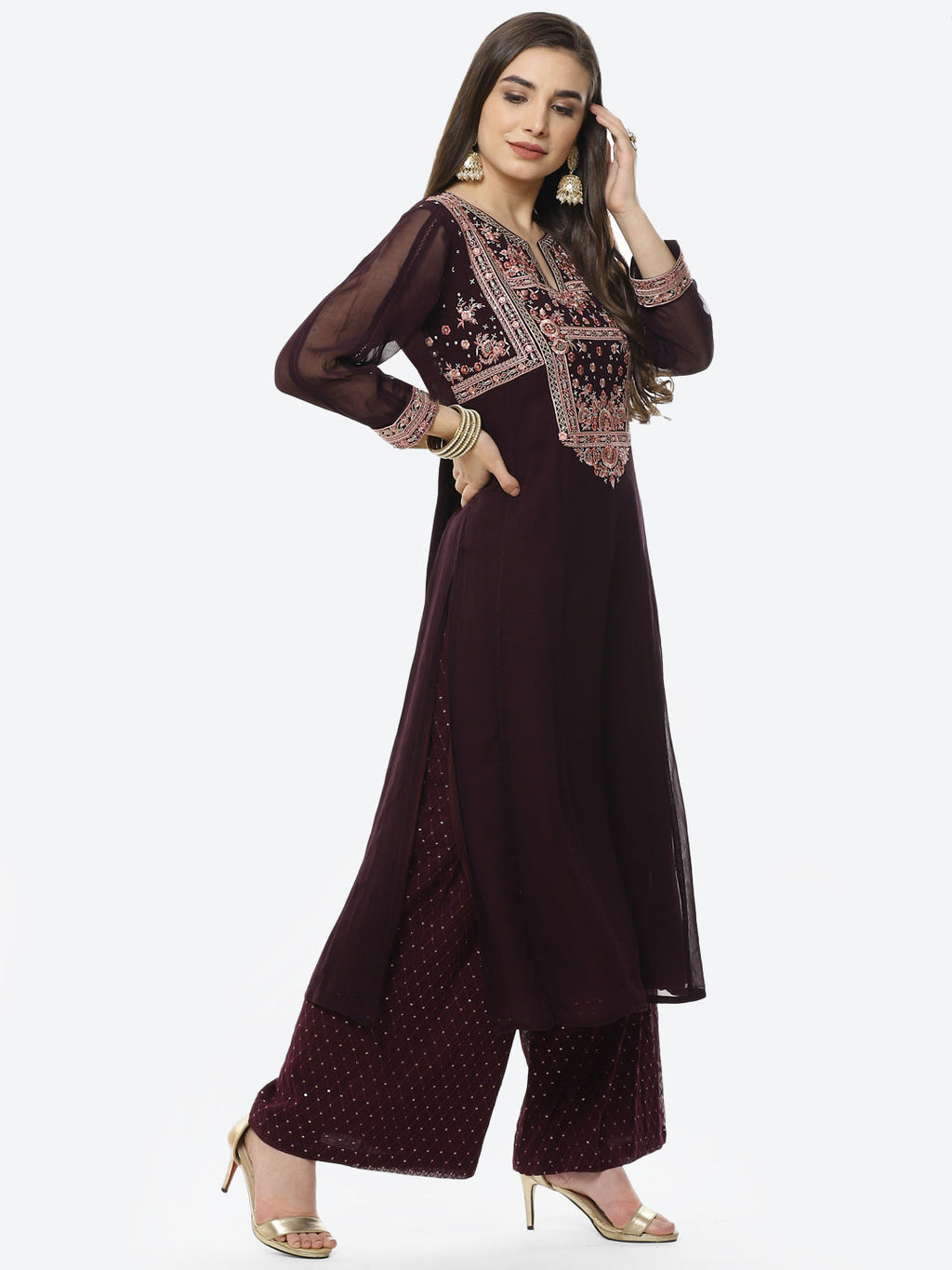 Embroidered Georgette Stitched Salwar Kameez With Net Dupatta