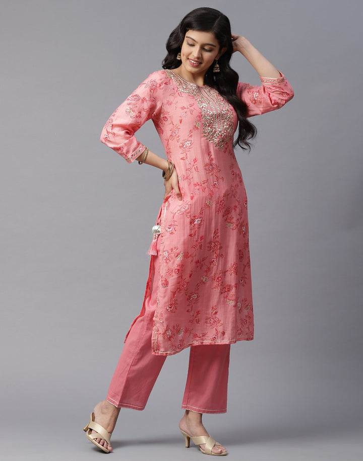 Printed Kurti Pant Set with Gota Yoke Embroidery