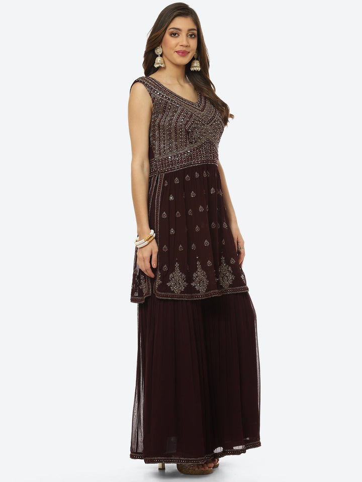 Embroidered Art Georgette Anarkali Kurti With Sharara And Net Dupatta