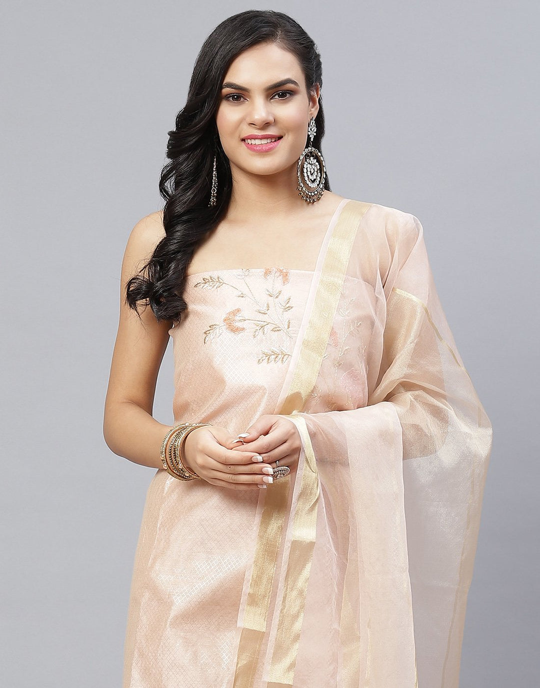 Embroidered Cotton Chanderi Suit Piece With Organza Dupatta