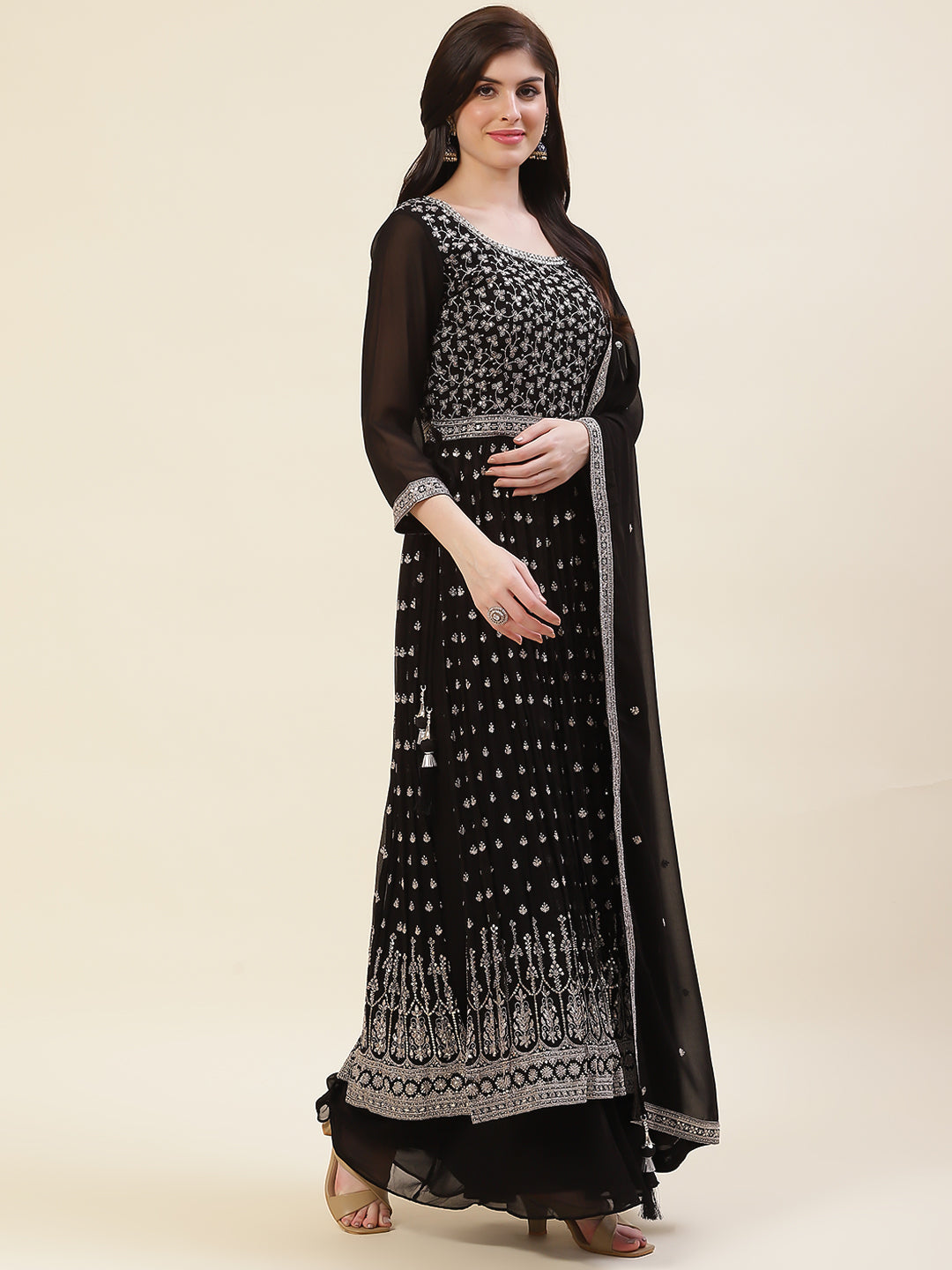 Zari Embroidered Georgette Kurta With Pants &amp; Dupatta