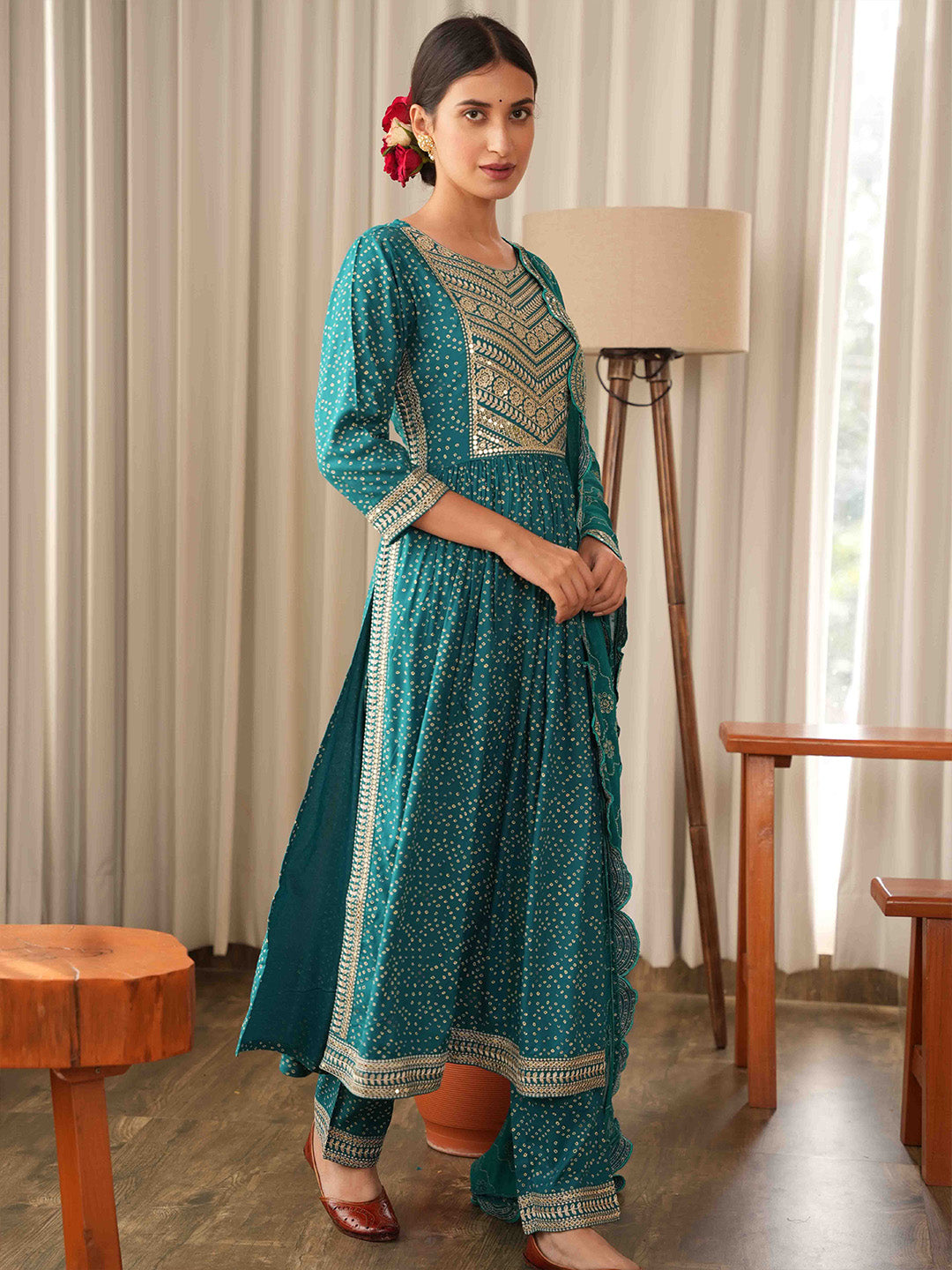 Bandhani Embroidered Rayon Kurta With Pants &amp; Dupatta