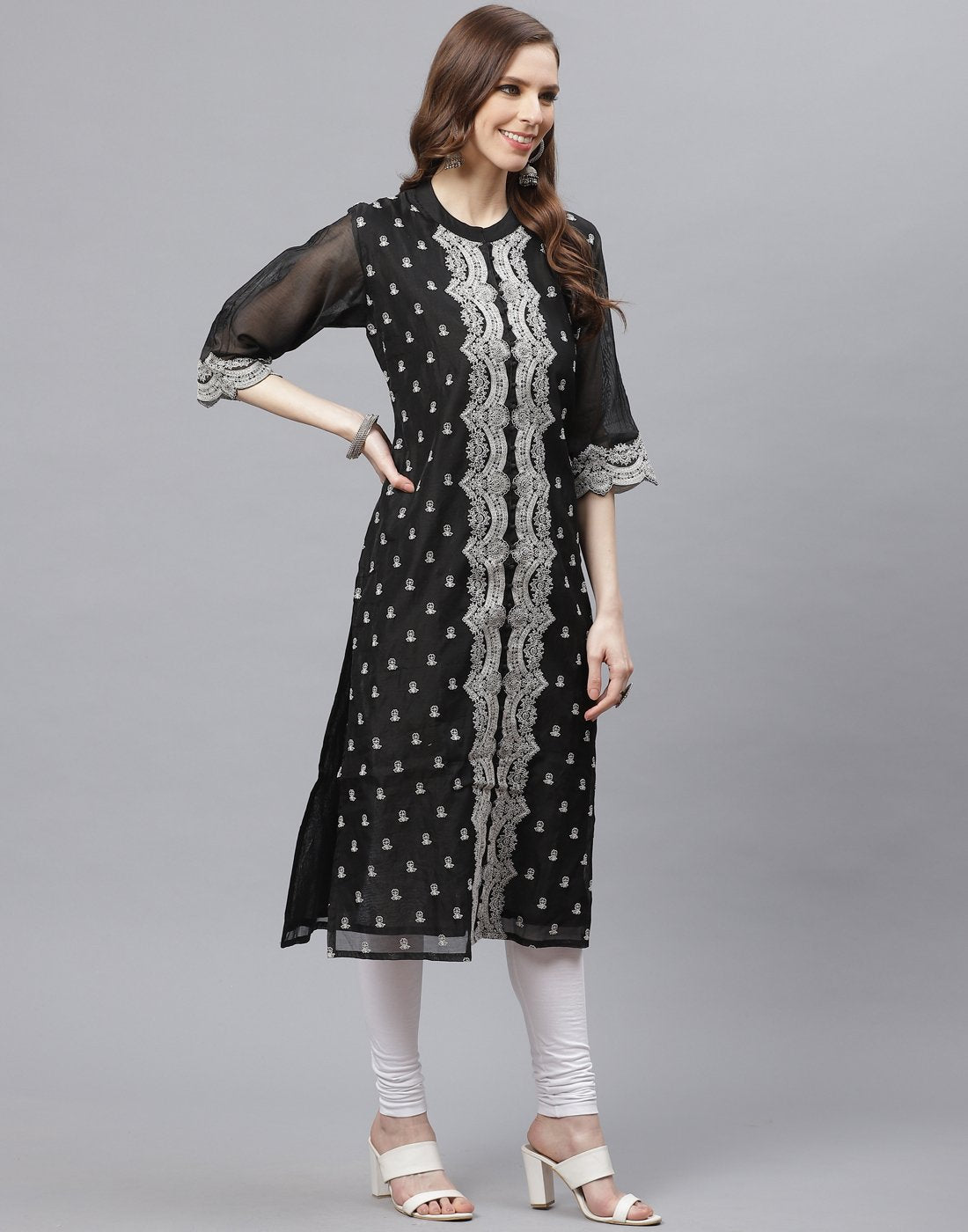 Black Straight Cotton Chanderi Kurta
