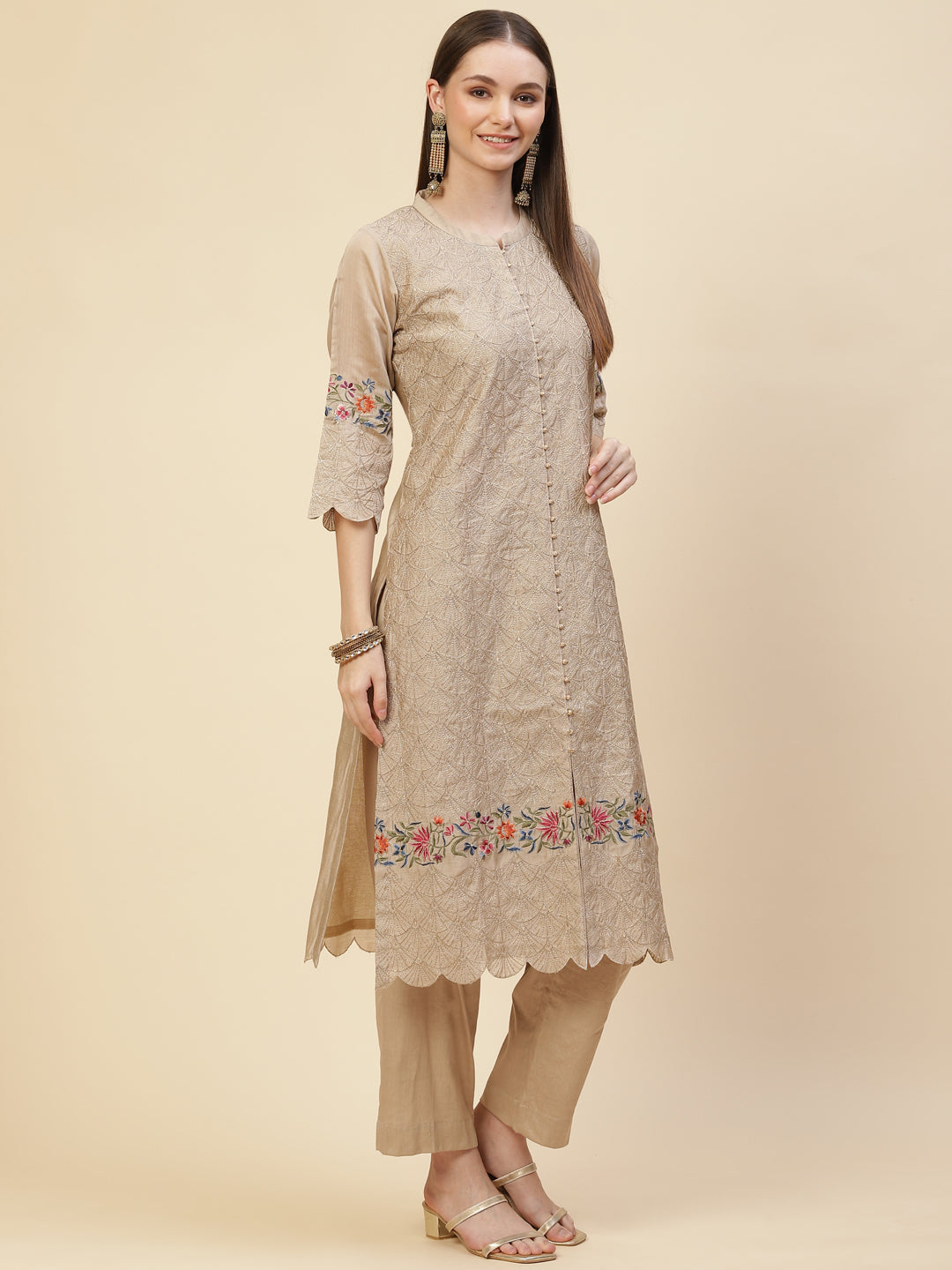 Zari Embroidered Cotton Kurta With Pants &amp; Dupatta
