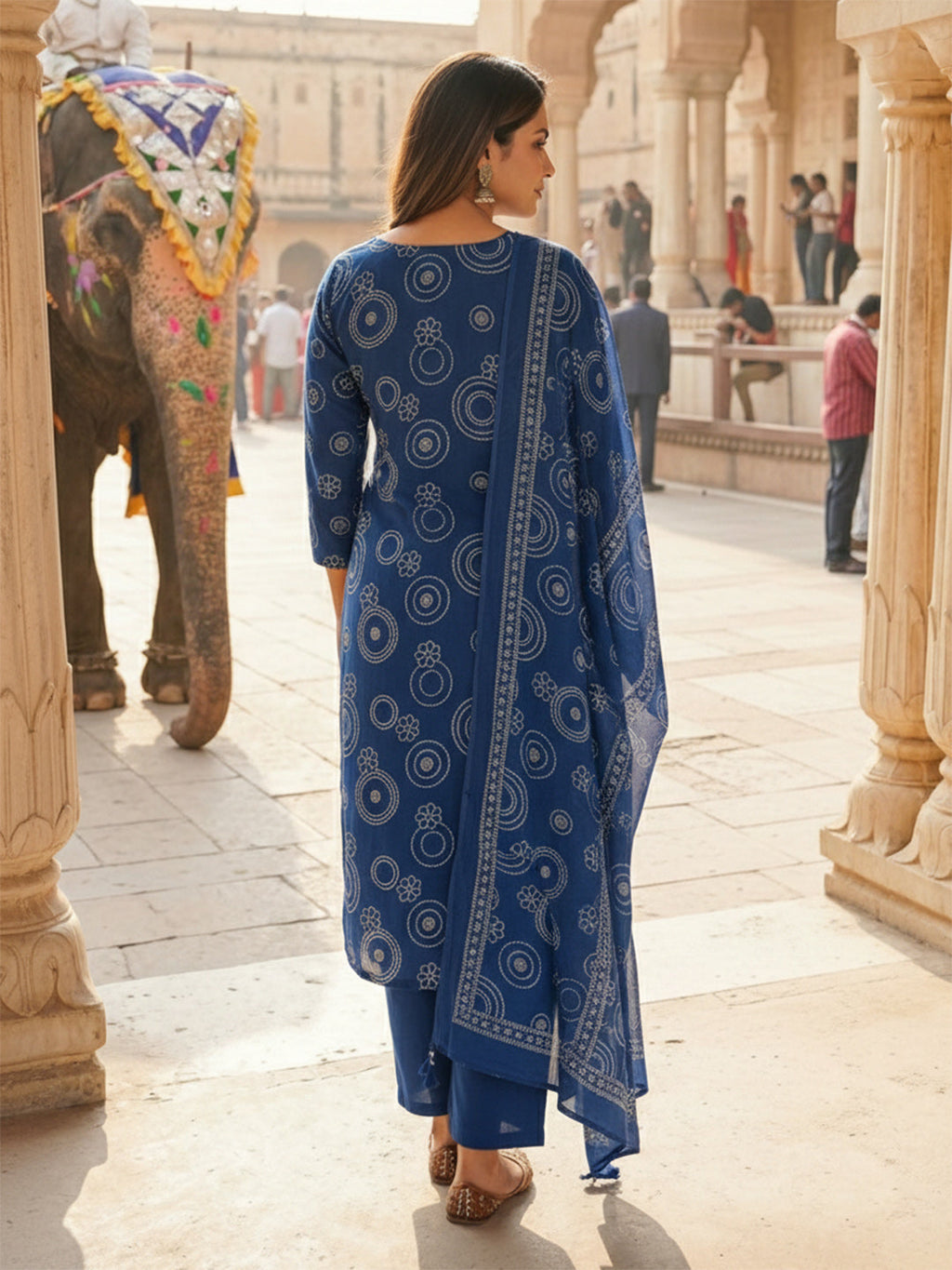 Blue Cotton Blend Printed Straight Suit Set