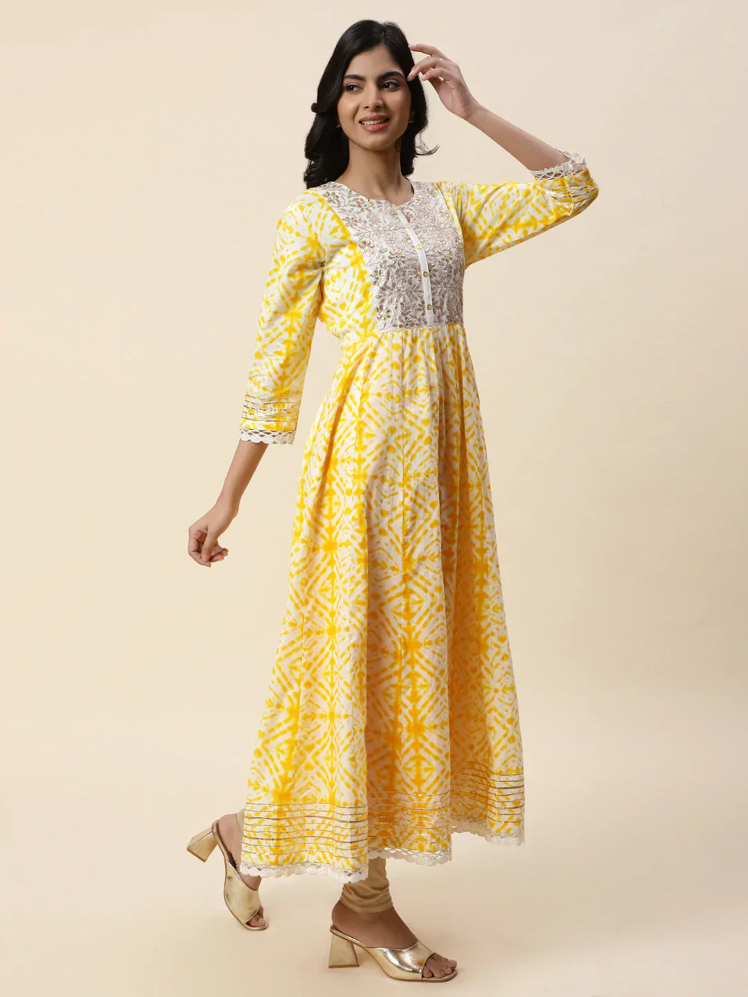 Printed &amp; Yoke Embroidered Cotton Anarkali Kurta
