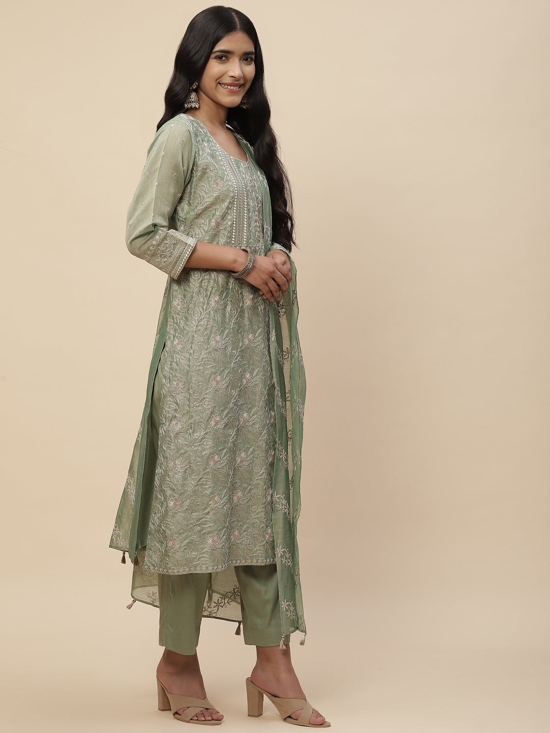 Zari Embroidered Cotton Kurta With Pants &amp; Dupatta