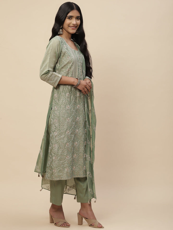 Zari Embroidered Cotton Kurta With Pants &amp; Dupatta