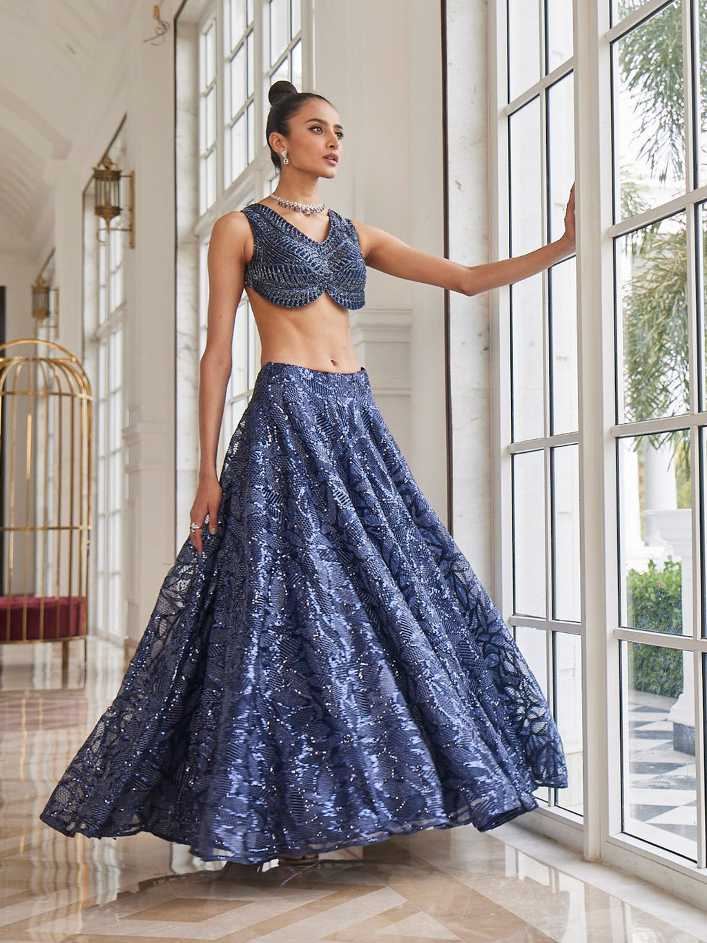Cut Dana Embroidered Net Choli With Lehenga
