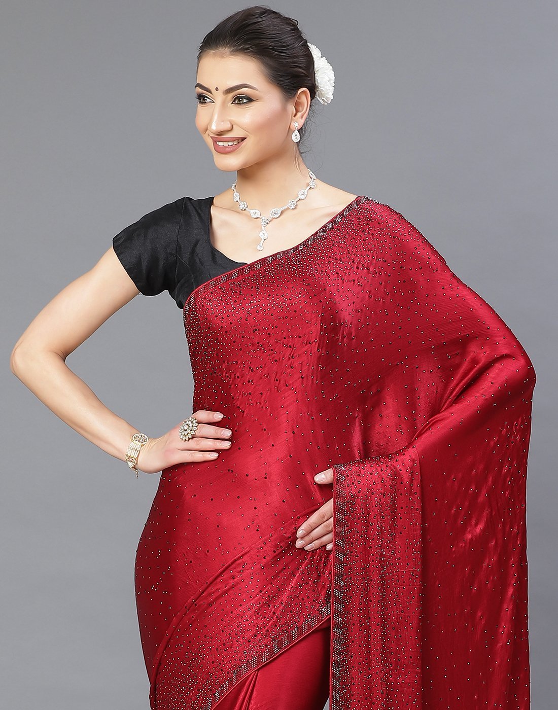 Crepe Embroidery Red Saree