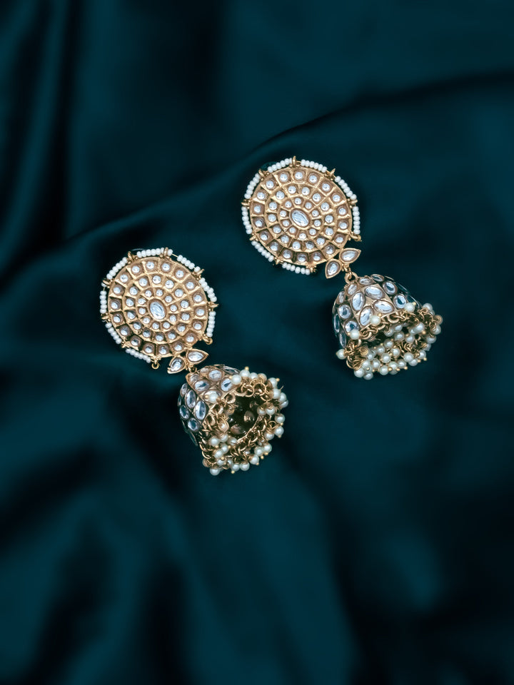 Gold &amp; White Jhumki Earrings