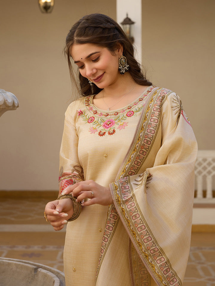 Embroidered Cotton Blend Kurta With Pants &amp; Dupatta