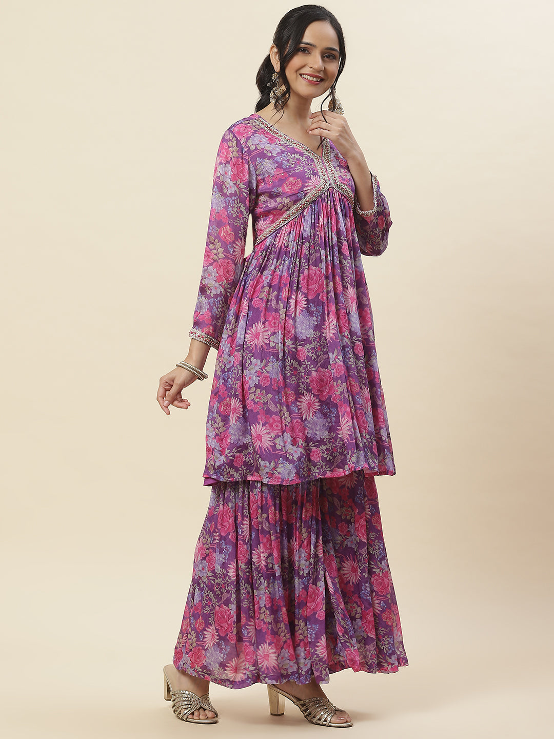 Floral Printed Chinnon Kurti With Garara &amp; Dupatta