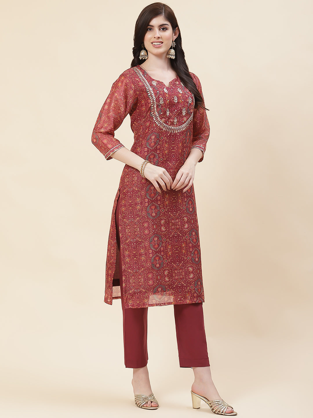 Printed Chanderi Kurta With Pants