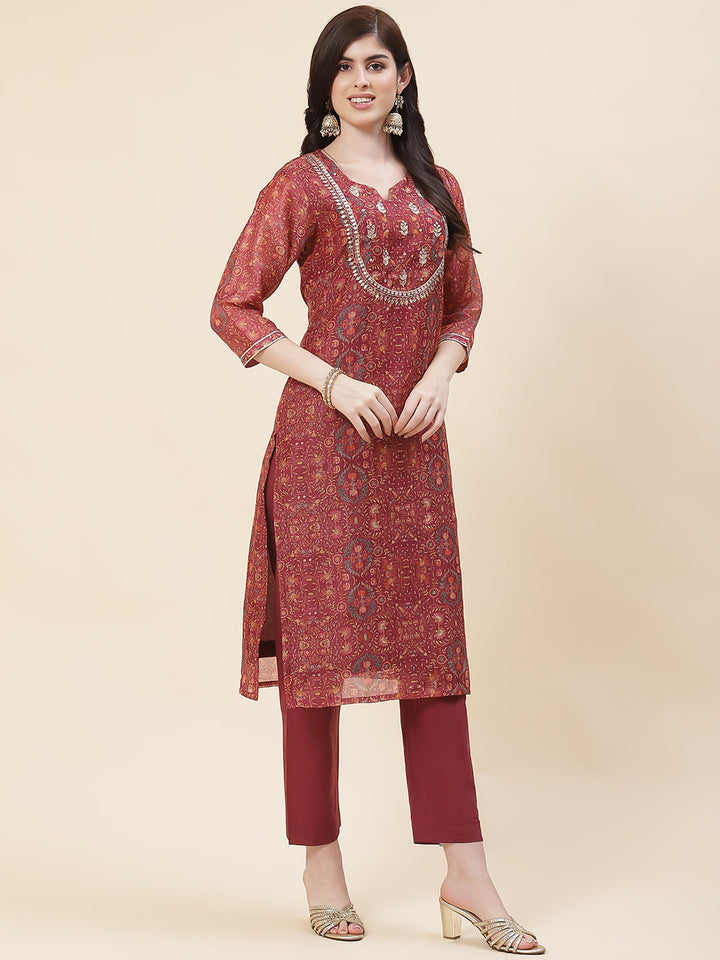 Printed Chanderi Kurta With Pants