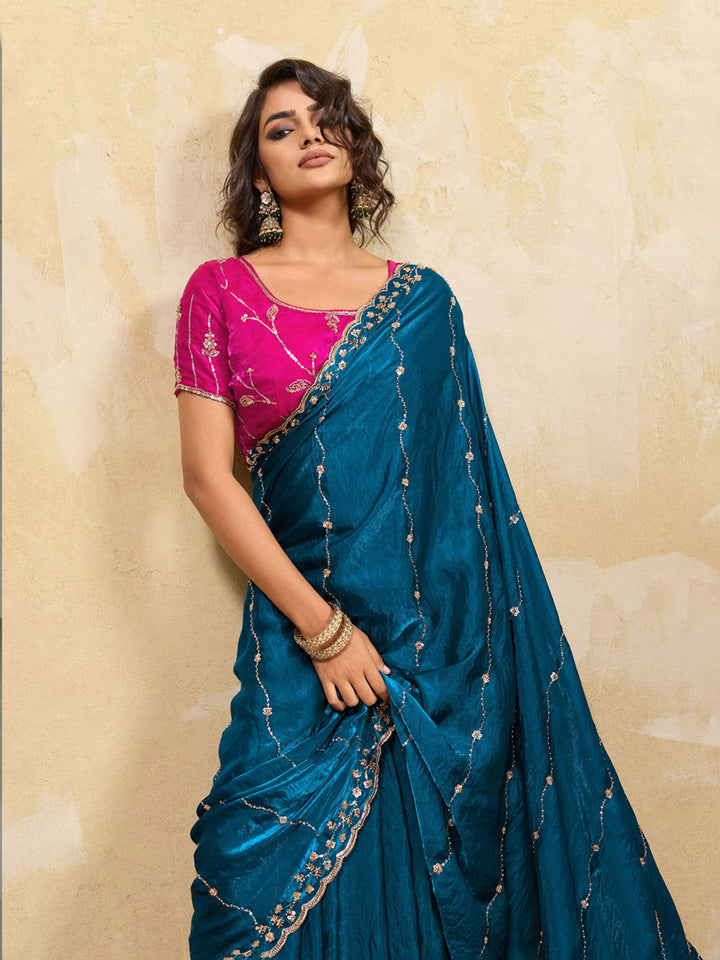 Embroidered Satin Velvet Saree