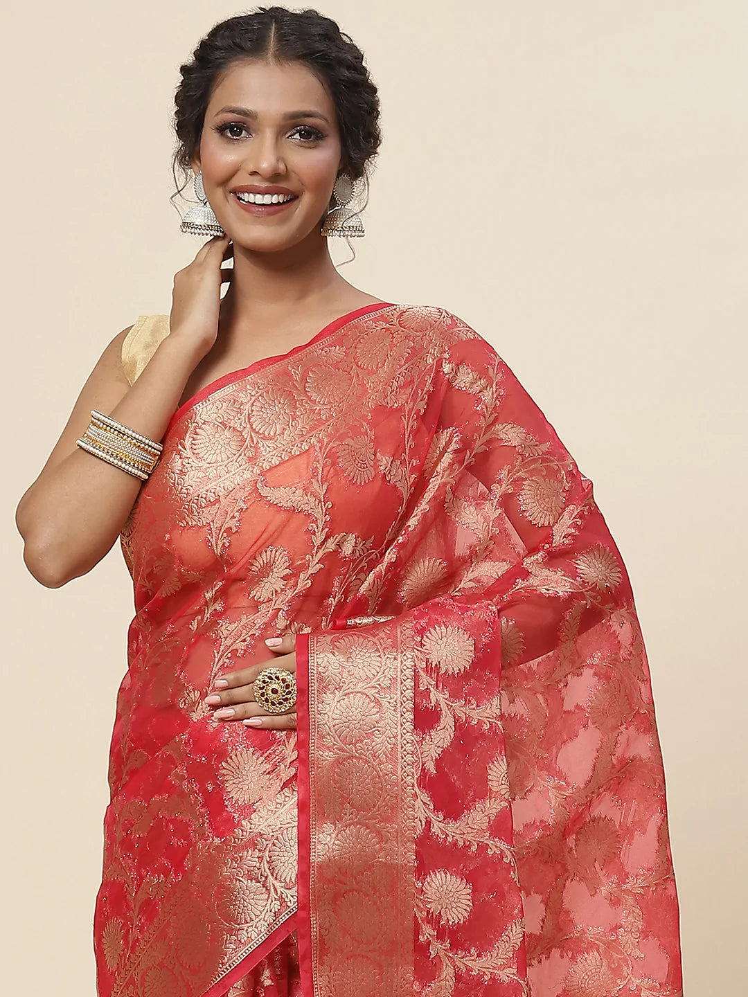 Floral Zari Jaal Organza Plain Saree