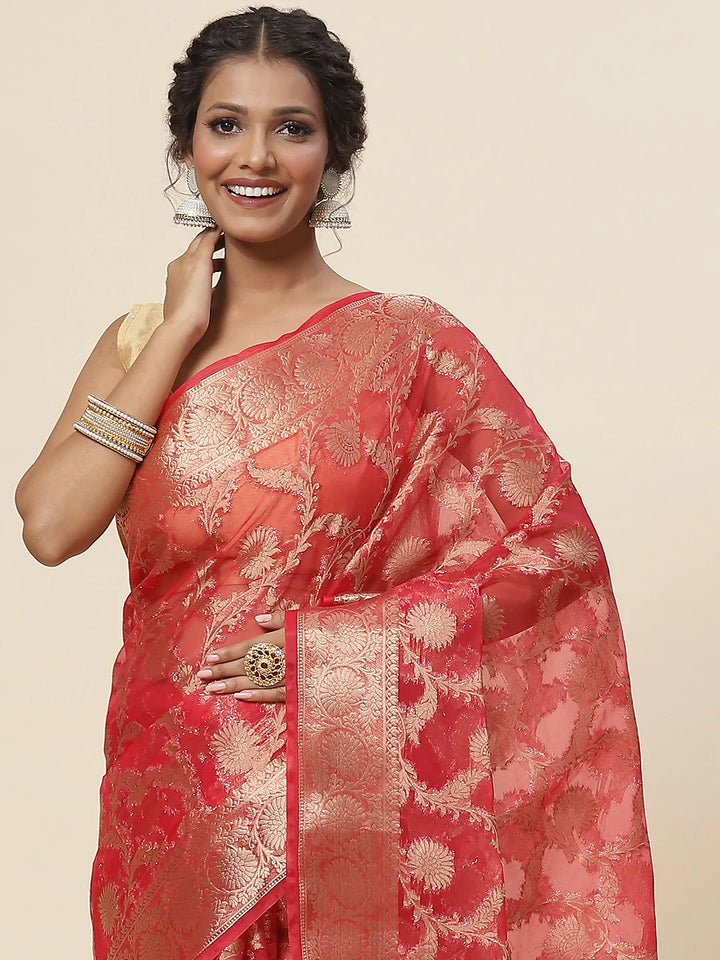 Floral Zari Jaal Organza Plain Saree
