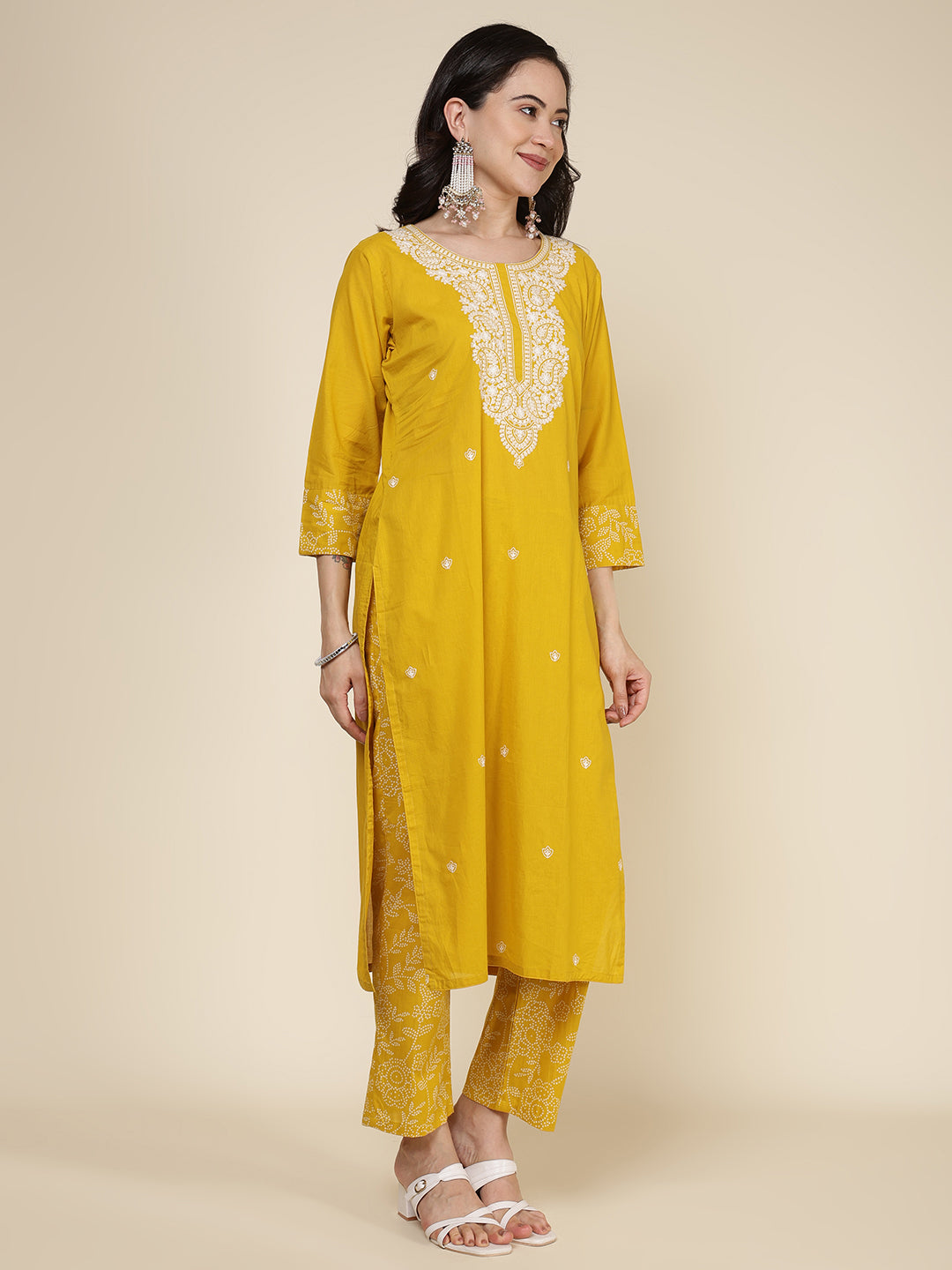 Embroidered Cotton Blend Kurta With Pants &amp; Dupatta