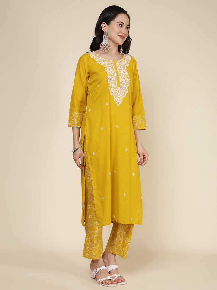 Embroidered Cotton Blend Kurta With Pants &amp; Dupatta
