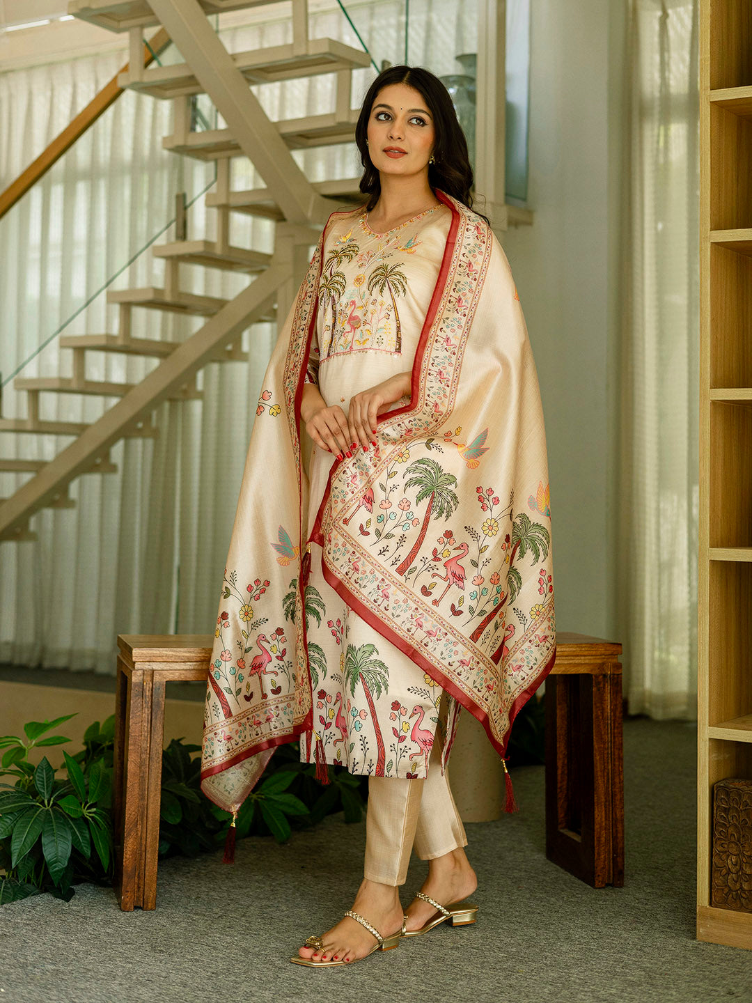 Embroidered Cotton Blend Kurta With Pants &amp; Dupatta