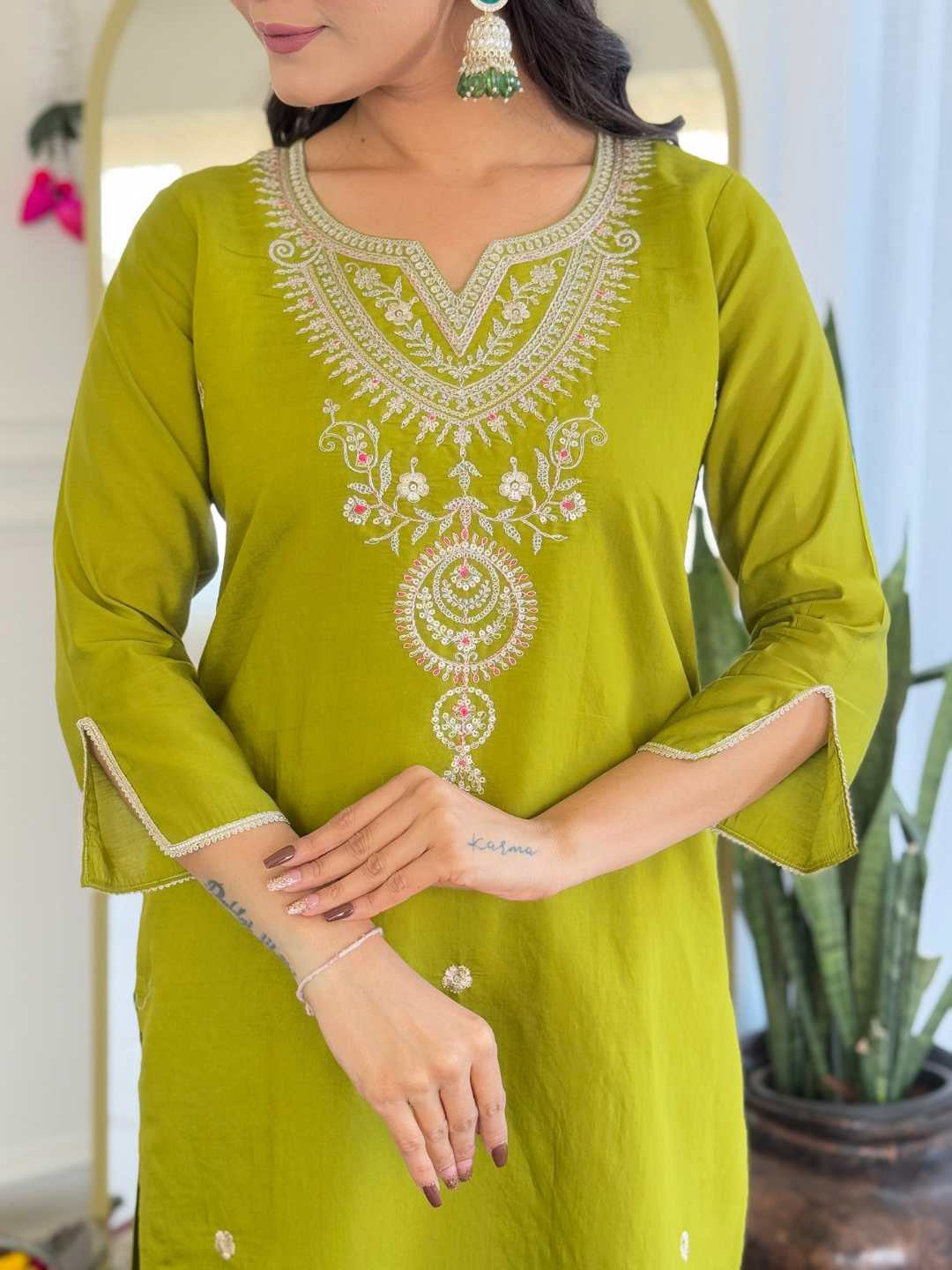 Printed Embroidery Cotton Blend Kurta With Pants &amp; Dupatta
