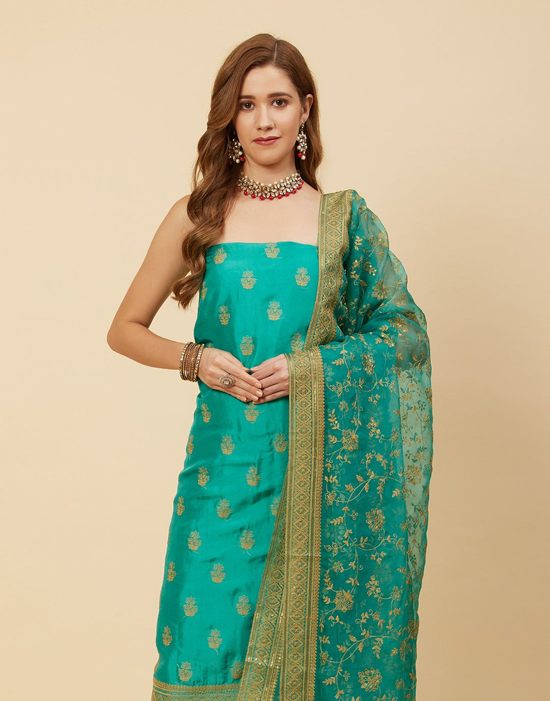 Embroidered Art Handloom Dupion Suit Piece With Organza Dupatta