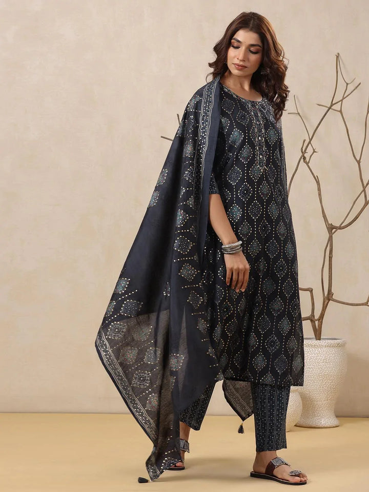 Block Printed Muslin Kurta With Pants &amp; Dupatta