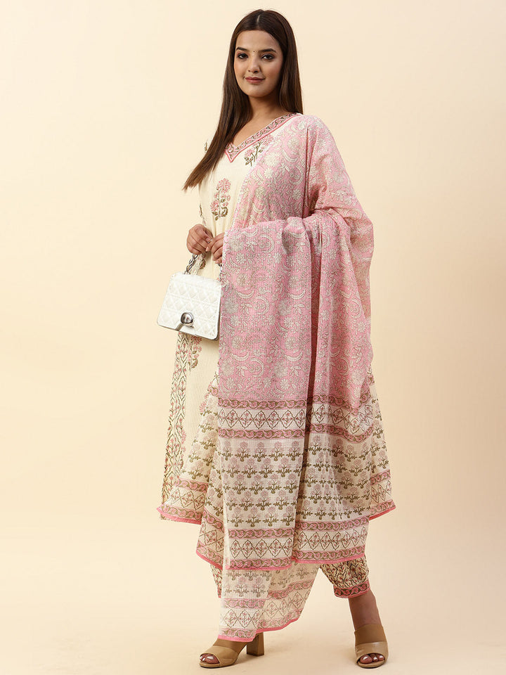 Printed Cotton Kurta With Pants &amp; Dupatta