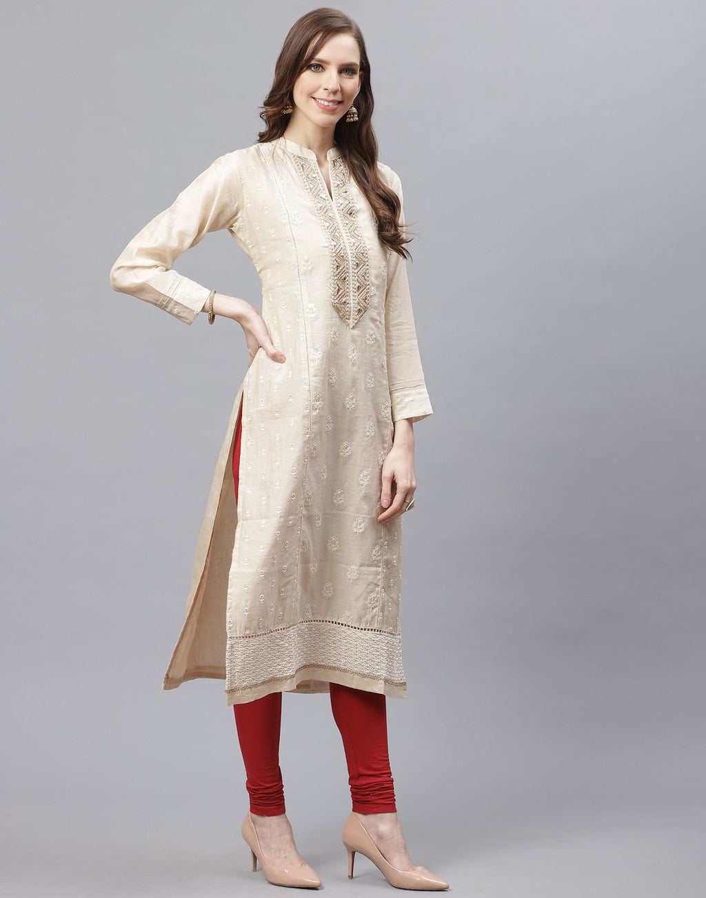 Beige Cotton Kurti With Embroidery