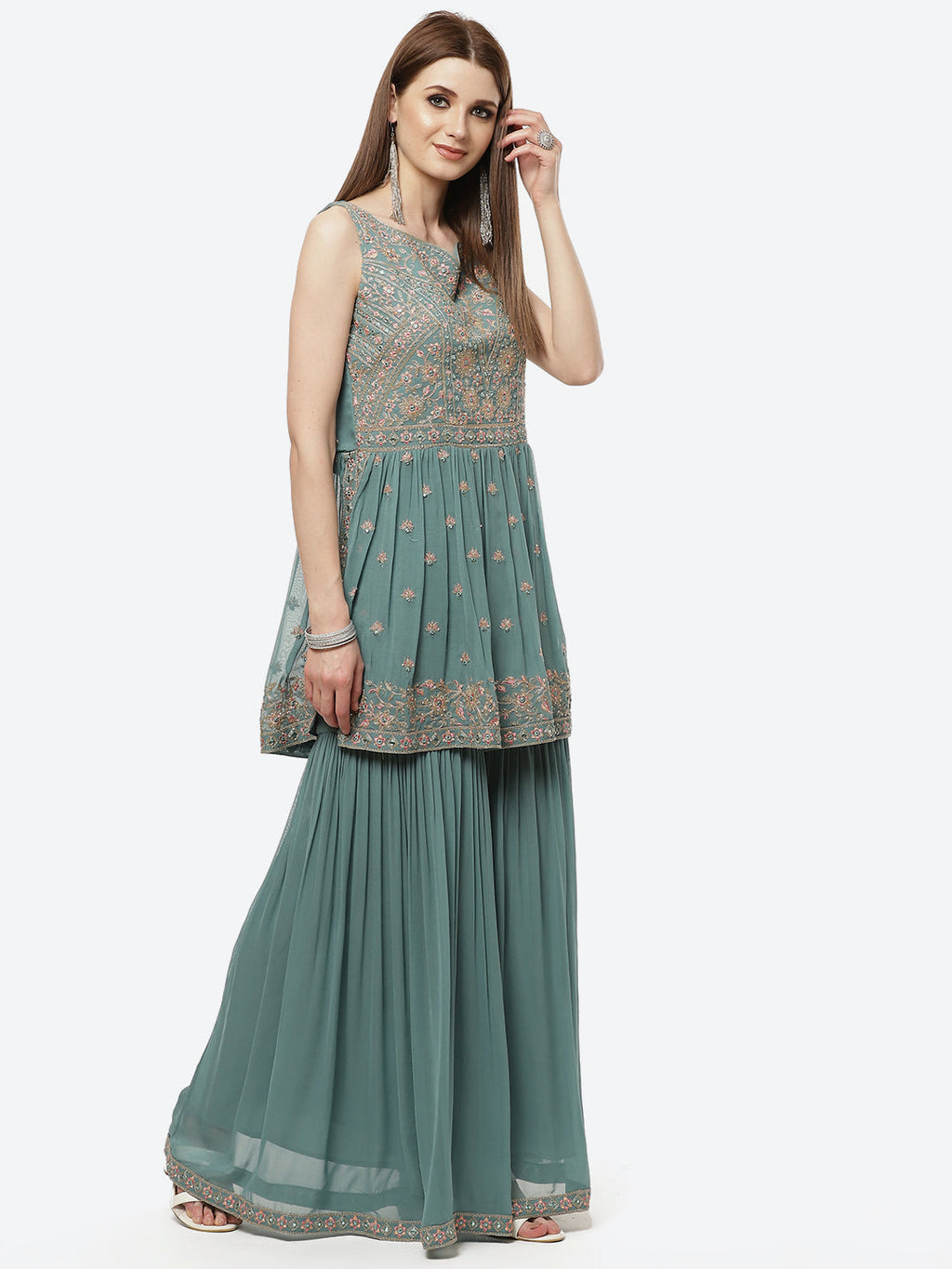 Art Georgette Embroidered Kurti With Sharara And Net Dupatta