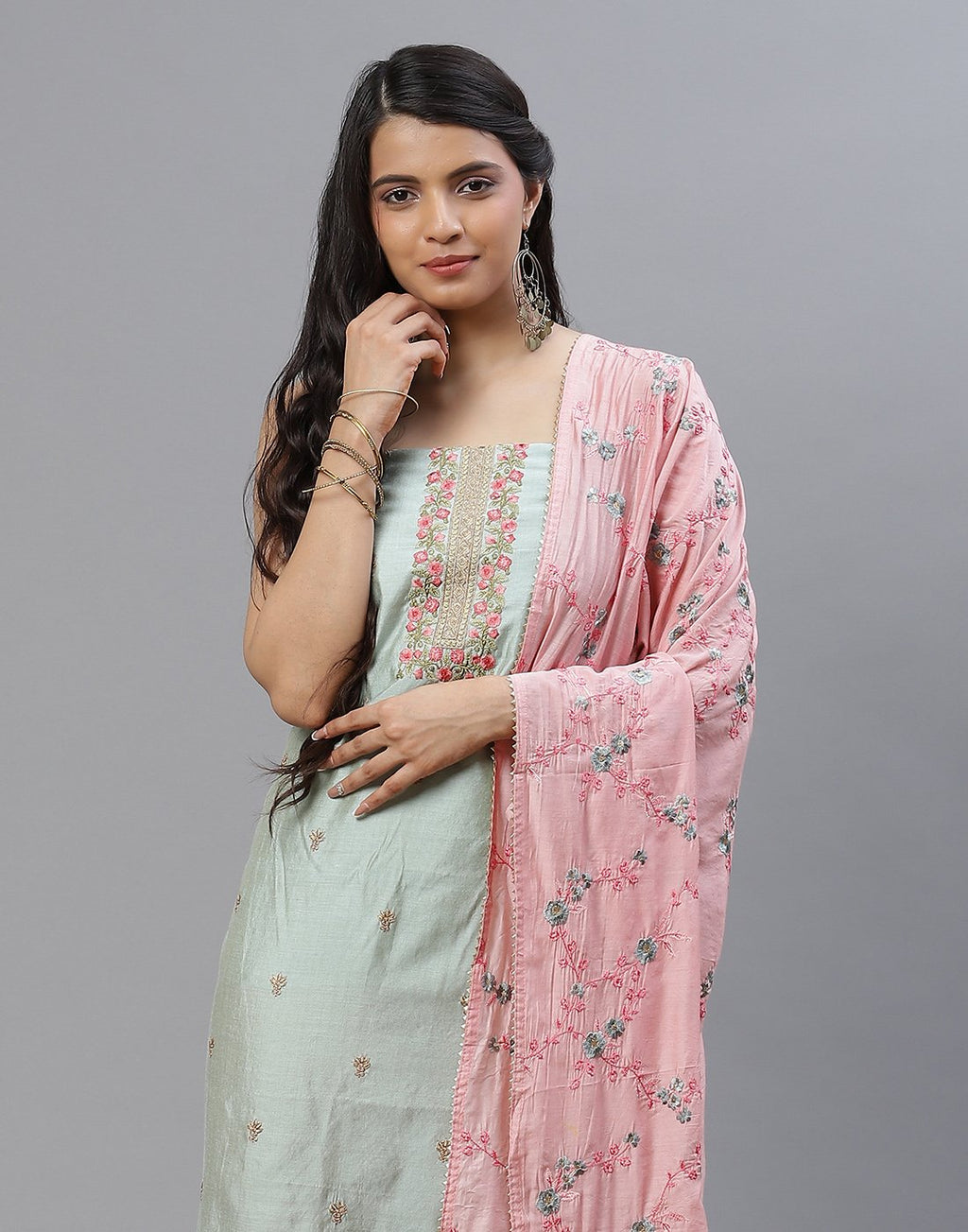 Embroidered Chanderi Suit Piece With Dupatta