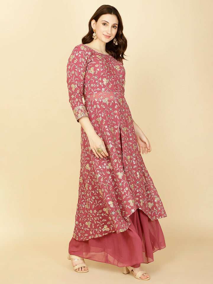Resham Sequin Embroidery Georgette Kurta With Sharara &amp; Dupatta
